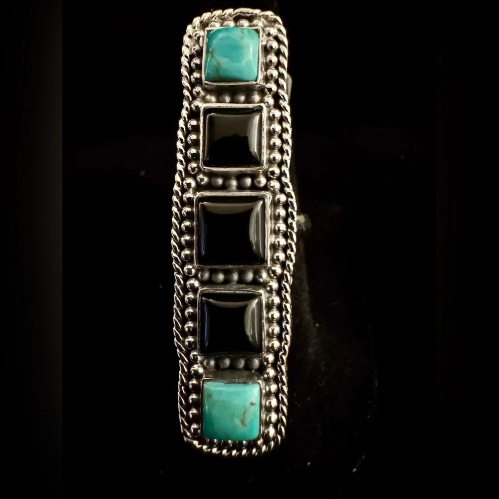 Sterling Silver and genuine, turquoise and Black onyx stones‎ Women's Ring